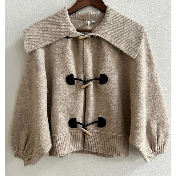 Robbi & Nikki Wool Blend Tan Cropped Toggle Sweater Jacket Balloon Sleeves XS - Picture 4 of 11